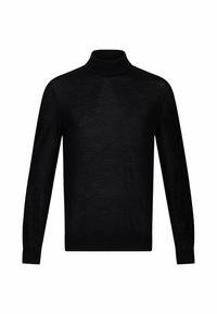Maglione a collo alto nero realizzato in un materiale morbido e leggero, con maniche lunghe e un collo costine aderente, caratterizzato da una texture liscia.