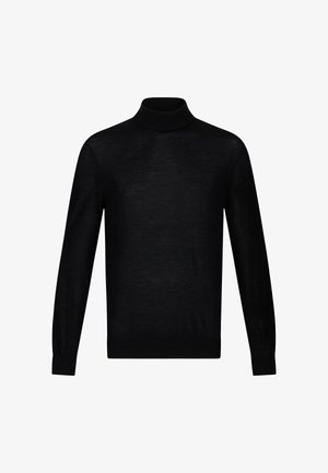 Melna turtleneck džemperis, izgatavots no mīksta, viegla materiāla ar garām piedurknēm un pieguļošu ribotu kaklu, ar gludu tekstūru.