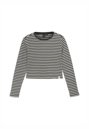 T-shirt crop à manches longues rayé noir et blanc, avec un col rond, une texture côtelée et une petite étiquette de marque à l'ourlet.