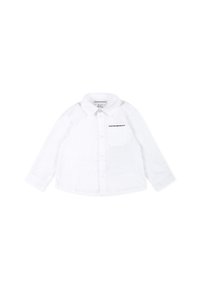 Camicia bianca a maniche lunghe in cotone, con colletto button-down, tasca frontale e logo ricamato sul petto.