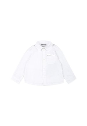 Camicia bianca a maniche lunghe in cotone, con colletto button-down, tasca frontale e logo ricamato sul petto.