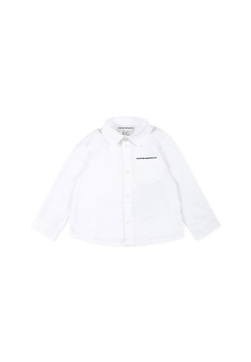 Camicia bianca a maniche lunghe in cotone, con colletto button-down, tasca frontale e logo ricamato sul petto.