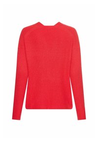 Roter gestrickter Pullover mit langen Ärmeln, der eine gerippte Textur und einen runden Ausschnitt aufweist. Einfaches Design, keine sichtbaren Muster oder Akzente.