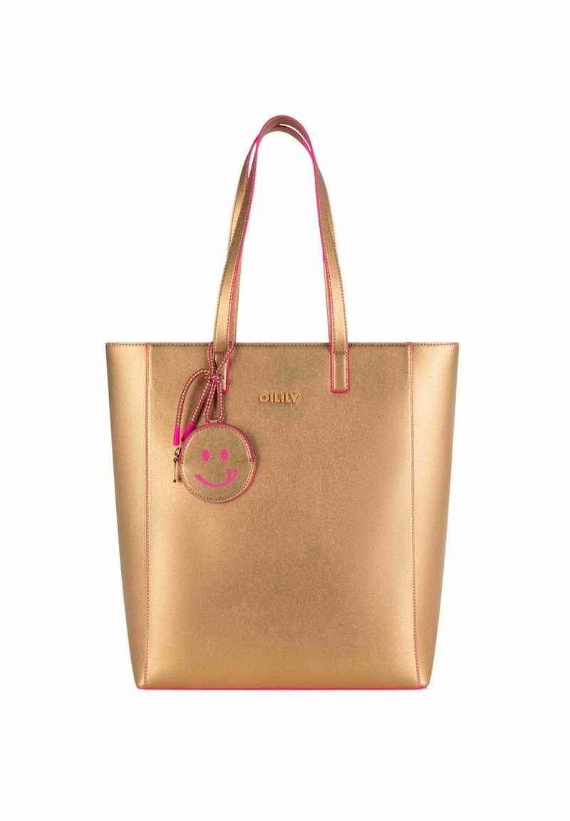 Gouden metallic shopper met roze accenten. Bevat dubbele schouderbanden en een ronde charm met een glimlachend gezicht. Gladde textuur.