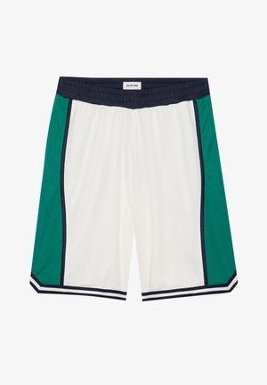 Witte shorts met groene zijkanten, marineblauwe strepen aan de zoom en tailleband; mesh structuur en elastische tailleband voor comfort.