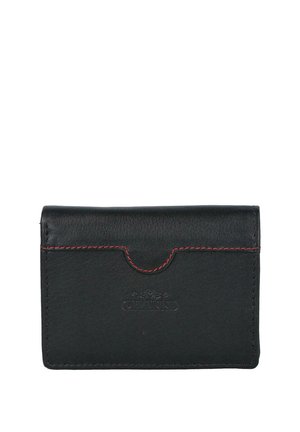 Portatarjetas de cuero negro con detalle de costuras rojas y un logotipo en relieve en el centro frontal.