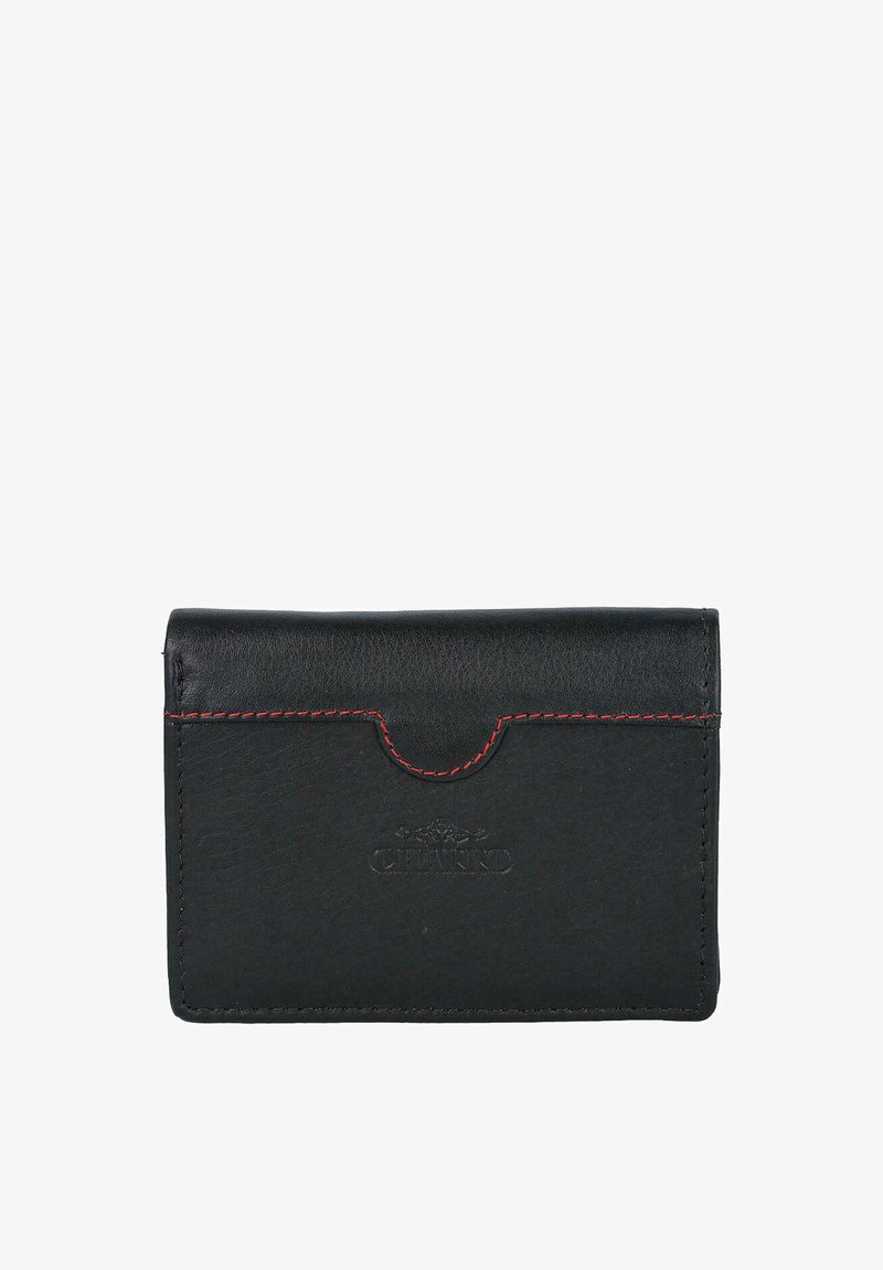 Portatarjetas de cuero negro con detalle de costuras rojas y un logotipo en relieve en el centro frontal.