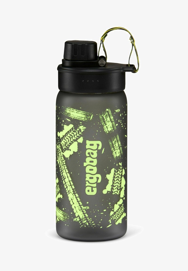 Dark gray water bottle with green tire tread patterns, featuring a black screw-on lid and a loop for easy carrying.