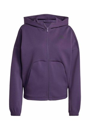Sudadera con capucha morada de cremallera completa, con capucha, bolsillo tipo canguro, mangas largas, puños elásticos y un logo sutil en el pecho izquierdo.