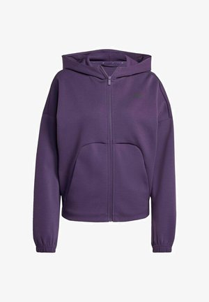 Sweat à capuche violet à fermeture éclair intégrale avec capuche, poche kangourou, manches longues, poignets élastiques et un logo discret sur la poitrine gauche.