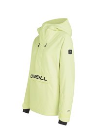 Lichtgeel pulloverjack met waterdicht materiaal, capuchon, voorkantzak met zwart "ONEILL"-logo en contrasterende zwarte manchetten.