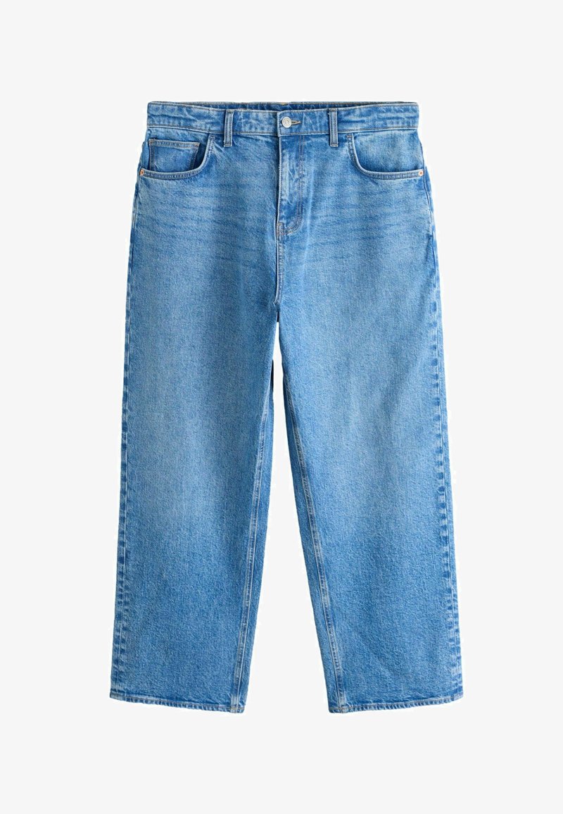 Jasnoniebieskie dżinsy z denimu o luźnym kroju, z prostymi nogawkami, pięcioma kieszeniami i klasycznym metalowym zapięciem na guziki.