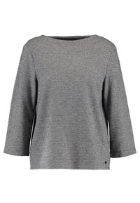 Grau und schwarz gemusterte Bluse mit Dreiviertelärmeln, Rundhalsausschnitt und strukturiertem Stoff. Verfügt über ein kleines Logodetail am unteren Ende.