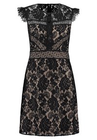 Robe en dentelle noire avec manches courtes à volants, motif floral, superposition transparente et doublure unie. Comprend une taille cintrée et une fermeture à boutons.