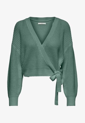 Green knitted wrap sweater with long balloon sleeves and a side tie closure at the waist.