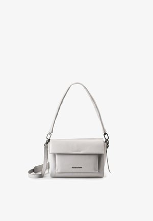 White rectangular leather handbag with a front flap pocket, detachable shoulder strap, and short handle.