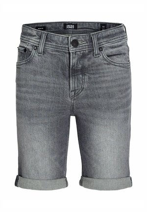 Pantalones cortos de mezclilla gris con puños enrollados, cierre de botones, trabillas para cinturón y bolsillos delanteros, etiquetados como "Jack & Jones", talla 152, ajuste regular.