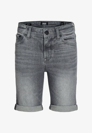 Szare szorty dżinsowe z podwiniętymi mankietami, zapięciem na guziki, szlufkami na pasek i przednimi kieszeniami, z etykietą "Jack & Jones", rozmiar 152, krój regular fit.