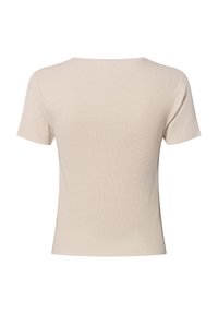 Top corto a maniche corte di colore beige a coste, con scollo rotondo e forma aderente, caratterizzato da una sottile texture e un design pulito e minimalista.