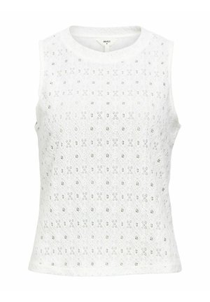 Haut sans manches blanc en tissu texturé avec des motifs en losange et de petites œillets. Encolure ronde et ourlet droit.