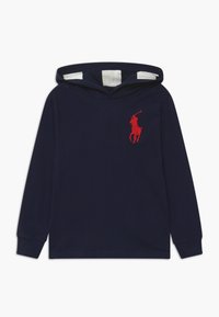 Sweat à capuche bleu marine en coton, avec manches longues et logo de joueur de polo brodé en rouge sur la poitrine.