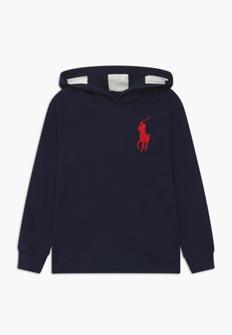 Sweat à capuche bleu marine en coton, avec manches longues et logo de joueur de polo brodé en rouge sur la poitrine.