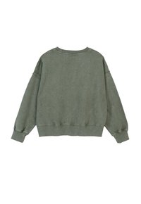 Oversized oliwkowy sweatshirt z długimi rękawami, ściągaczami na mankietach oraz ściągaczem na dekolcie, pokazany z tyłu.