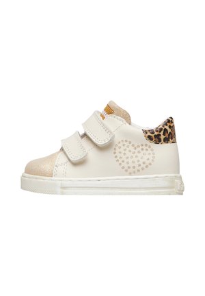 White children's sneakers with two velcro straps, metallic gold accents, a heart-shaped pattern, and a leopard-print heel. Rubber sole.