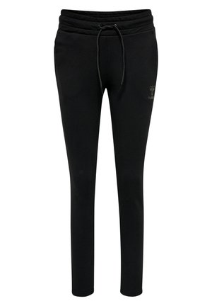 Black sweatpants with a drawstring waist, tapered fit, and embroidered logo detail. Made of soft fabric with a smooth texture.