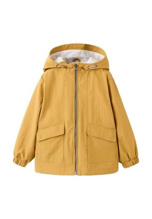 Senfgelbe Kapuzenjacke mit vorne liegendem Reißverschluss, zwei Klappentaschen und elastischen Bündchen, entworfen für Kinder.