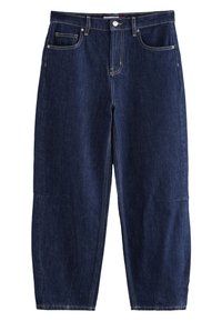 Ciemnoniebieskie dżinsy z denimu o prostych nogawkach, pięcioma kieszeniami, kontrastującym złotym przeszyciem oraz zapięciem na guzik w pasie.