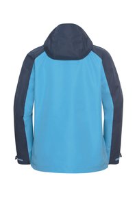 Veste imperméable bleue avec capuche et manches navy. Caractéristiques : coupe droite, poignets ajustables, sans logos ni motifs visibles.