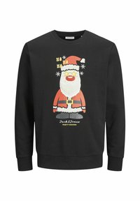 Sort sweatshirt med et farverigt julemandsmotiv med en rød næse, stjernebriller og tekst der står "Fest sæson." Casual design med rund hals.