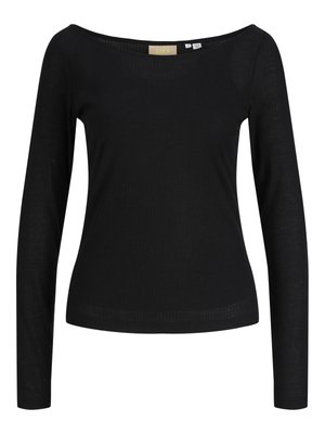 Haut long noir à manches longues, ajusté, avec un large col rond et une texture côtelée, présenté sur un fond blanc.