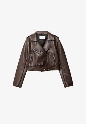 Cropped dark brown leather biker jacket with asymmetrical zipper, three zippered pockets, snap collar, and belted waist on white background.