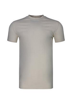 Beige T-Shirt mit kurzen Ärmeln und Rundhalsausschnitt, mit dezenter "SikSilk"-Logo auf der oberen linken Brust.