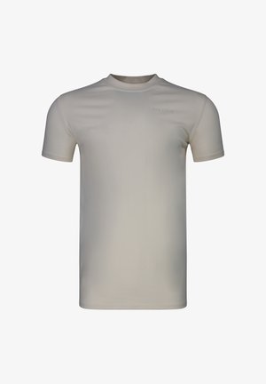Beige T-Shirt mit kurzen Ärmeln und Rundhalsausschnitt, mit dezenter "SikSilk"-Logo auf der oberen linken Brust.