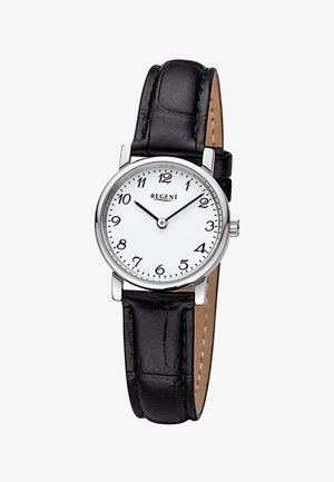 Montre ronde classique en argent avec cadran blanc, chiffres arabes noirs, aiguilles des heures et des minutes noires, et bracelet en cuir noir. L'heure indique 10h10.