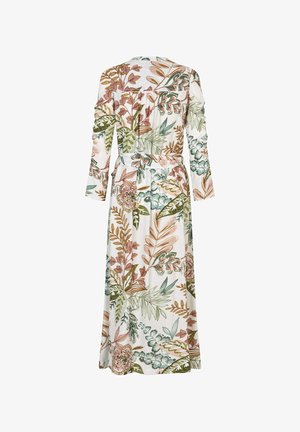 Cvećna maksi haljina s dugim rukavima, sa belom pozadinom i višebojnom botaničkom printom u zelenim, ružičastim i smeškim tonovima. Pojas u struku.