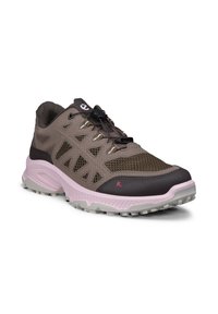 Chaussure de sport marron et rose avec des panneaux en mesh, un embout renforcé et une fermeture à lacets à réglage rapide, présentée légèrement en angle sur fond blanc.