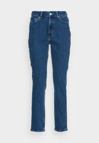 Calças de ganga azul-escuro com cintura alta, design de perna reta, estilo de cinco bolsos e detalhes de costura laranja em contraste.