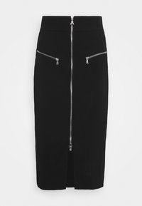 Jupe crayon noire en tissu lisse, avec une fermeture éclair à l'avant et deux poches zippées avec des accents en métal argenté.