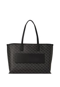 Borsa a tracolla nera realizzata in materiale sintetico a motivi. Presenta due manici e un pannello anteriore di colore nero solido. Forma rettangolare.
