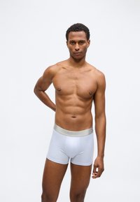 Muško donje rublje od svijetloplavog materijala s glatkom teksturom. Ima srebrni pojas s logotipom i prilagođeni kroj. Model pozira s jednom rukom na boku.