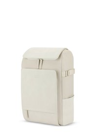 Ljusbeige ryggsäck med en slät yta, rektangulär form, locköppning, framficka med dragkedja och justerbar sidrem.