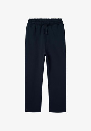 Donkerblauwe joggingbroek met een elastische tailleband en trekkoord, recht vallend ontwerp en een zachte textuur. Geen zichtbare zakken.