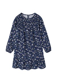 Dunkelblaues langärmliges Kleid mit kleinem weißen und gelben Blumenmuster, geraffter Passe, elastischen Bündchen und Volantsaum.