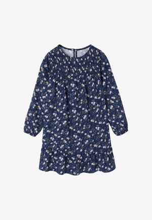 Dunkelblaues langärmliges Kleid mit kleinem weißen und gelben Blumenmuster, geraffter Passe, elastischen Bündchen und Volantsaum.