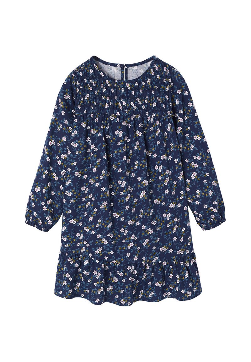 Dunkelblaues langärmliges Kleid mit kleinem weißen und gelben Blumenmuster, geraffter Passe, elastischen Bündchen und Volantsaum.