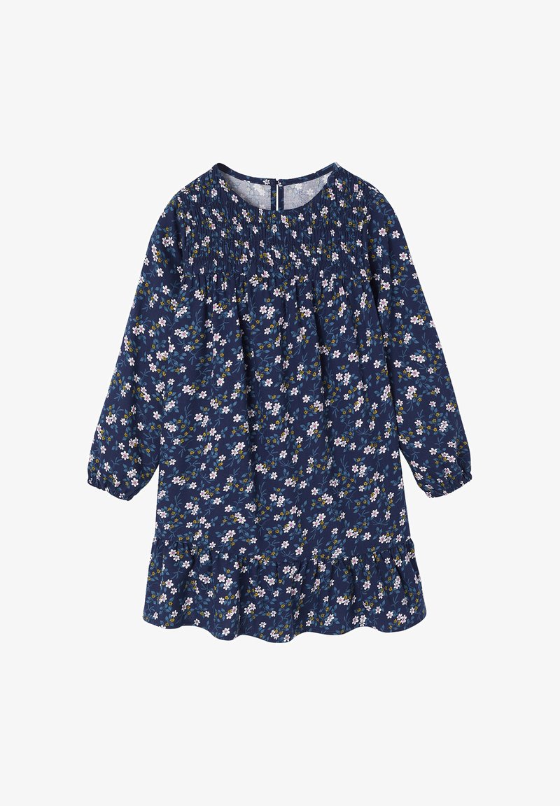 Dunkelblaues langärmliges Kleid mit kleinem weißen und gelben Blumenmuster, geraffter Passe, elastischen Bündchen und Volantsaum.